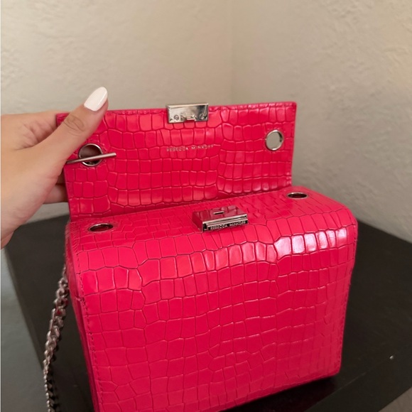 New Rebecca Minkoff Pink Croc-Embossed Mini Bag with Silver Handle - Picture 8 of 11